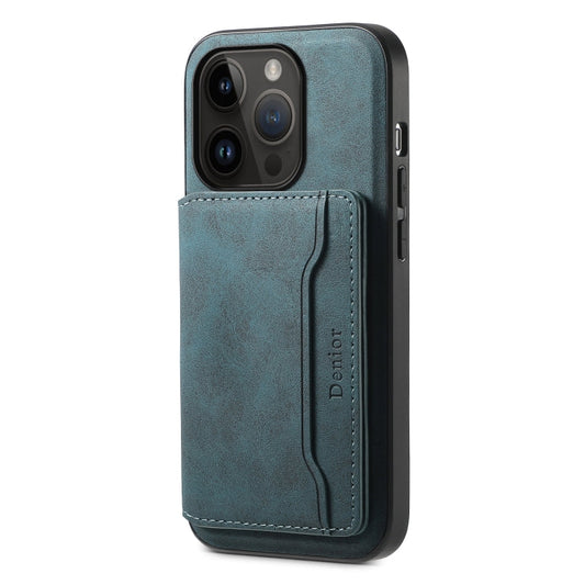 Pour iPhone 14 Pro Étui de téléphone Denior D13 en cuir texturé rétro avec fente pour carte MagSafe (Bleu)