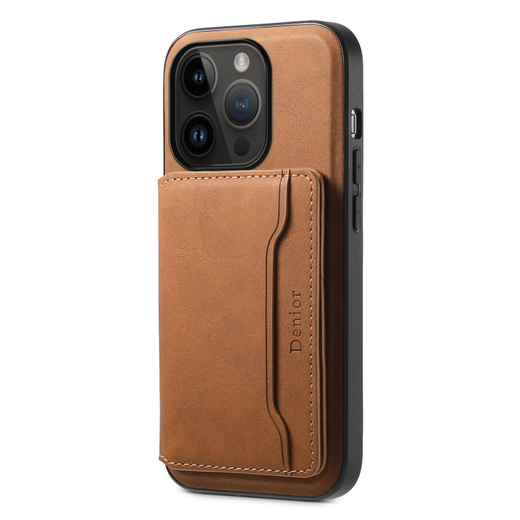 Pour iPhone 14 Pro Étui de téléphone Denior D13 en cuir texturé rétro avec porte-cartes MagSafe (marron)