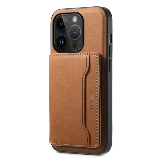 Pour iPhone 14 Pro Étui de téléphone Denior D13 en cuir texturé rétro avec porte-cartes MagSafe (marron)
