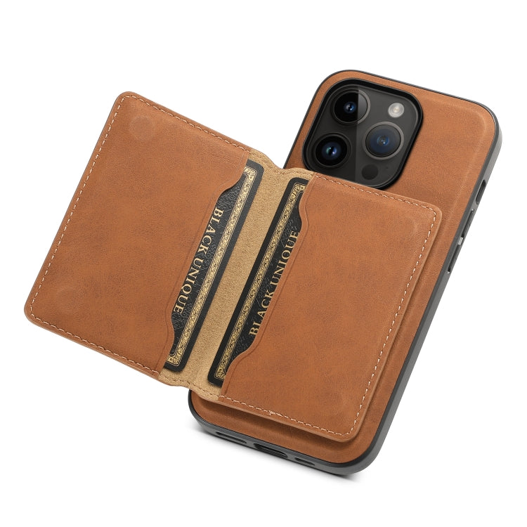 Pour iPhone 14 Pro Étui de téléphone Denior D13 en cuir texturé rétro avec porte-cartes MagSafe (marron)