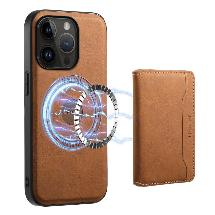 Pour iPhone 14 Pro Étui de téléphone Denior D13 en cuir texturé rétro avec porte-cartes MagSafe (marron)