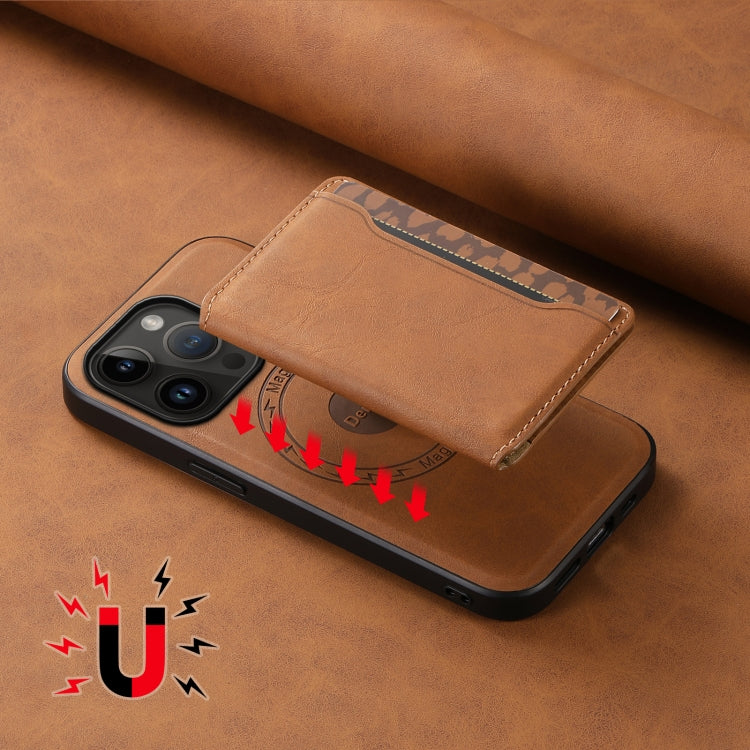 Pour iPhone 14 Pro Étui de téléphone Denior D13 en cuir texturé rétro avec porte-cartes MagSafe (marron)