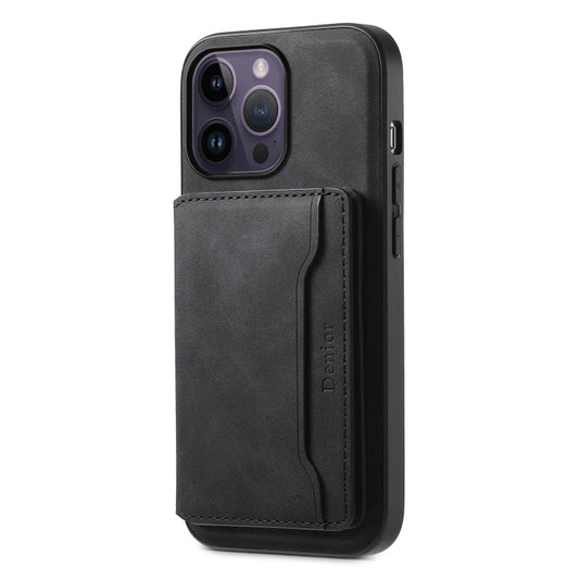 Pour iPhone 14 Pro Max Denior D13 Étui de téléphone en cuir texturé rétro avec porte-carte MagSafe (Noir)