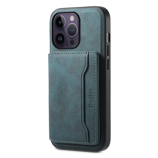 Pour iPhone 14 Pro Max Étui de téléphone Denior D13 en cuir texturé rétro avec porte-cartes MagSafe (Bleu)