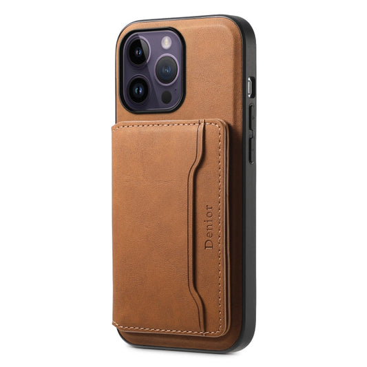 Pour iPhone 14 Pro Max Denior D13 Étui de Téléphone en Cuir Texture Rétro avec MagSafe et Fente pour Cartes (Marron)