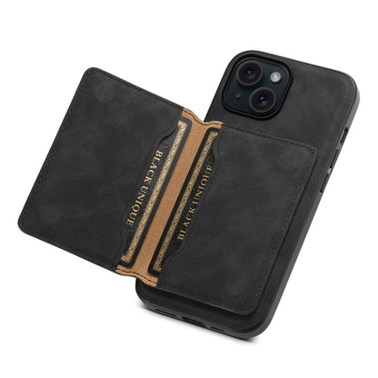 For iPhone 15 Denior D13 Retro Texture Leather MagSafe Card Bag Phone Case(Black)