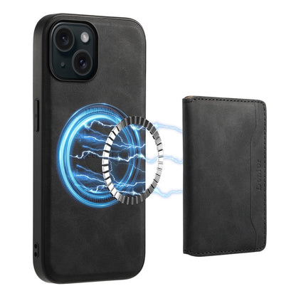 For iPhone 15 Denior D13 Retro Texture Leather MagSafe Card Bag Phone Case(Black)