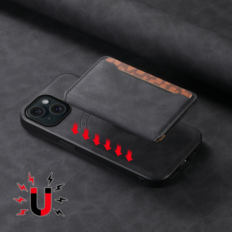 For iPhone 15 Denior D13 Retro Texture Leather MagSafe Card Bag Phone Case(Black)