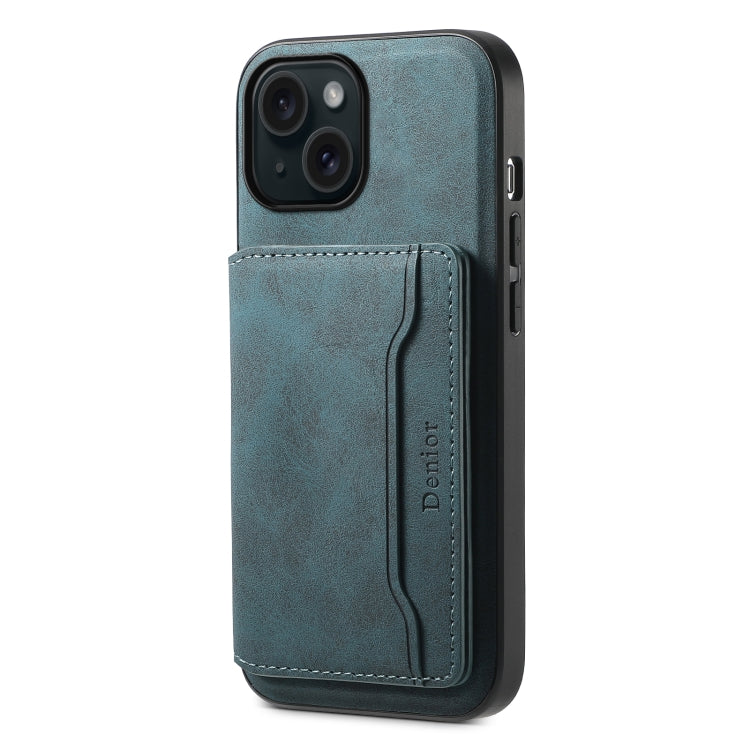 For iPhone 15 Denior D13 Retro Texture Leather MagSafe Card Bag Phone Case(Blue)
