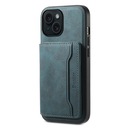 For iPhone 15 Denior D13 Retro Texture Leather MagSafe Card Bag Phone Case(Blue)