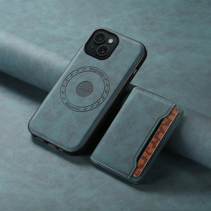 For iPhone 15 Denior D13 Retro Texture Leather MagSafe Card Bag Phone Case(Blue)