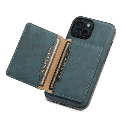 For iPhone 15 Denior D13 Retro Texture Leather MagSafe Card Bag Phone Case(Blue)