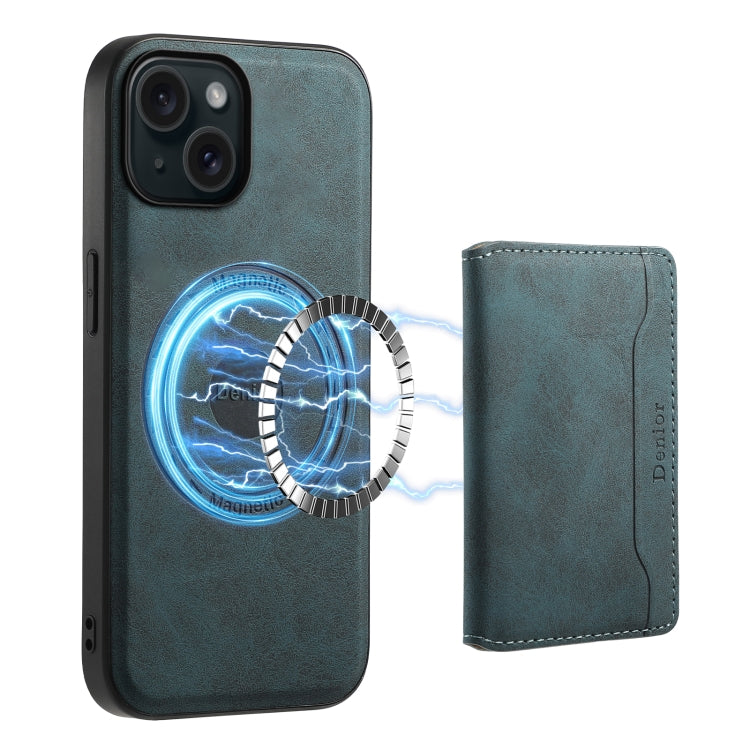 For iPhone 15 Denior D13 Retro Texture Leather MagSafe Card Bag Phone Case(Blue)