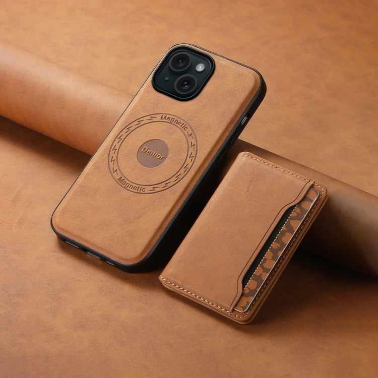 For iPhone 15 Denior D13 Retro Texture Leather MagSafe Card Bag Phone Case(Brown)