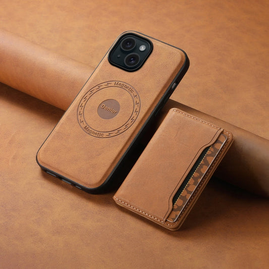For iPhone 15 Denior D13 Retro Texture Leather MagSafe Card Bag Phone Case(Brown)