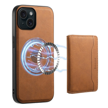 For iPhone 15 Denior D13 Retro Texture Leather MagSafe Card Bag Phone Case(Brown)