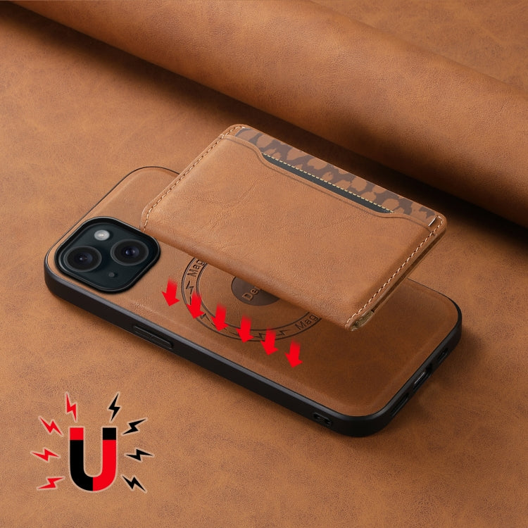 For iPhone 15 Denior D13 Retro Texture Leather MagSafe Card Bag Phone Case(Brown)