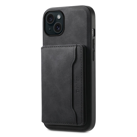 For iPhone 15 Plus Denior D13 Retro Texture Leather MagSafe Card Bag Phone Case(Black)