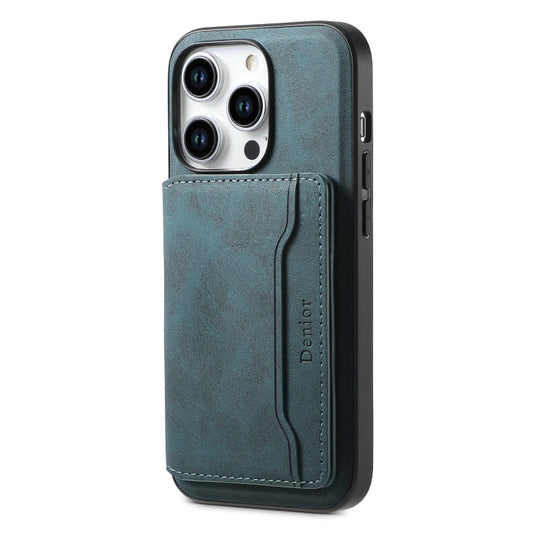 For iPhone 15 Pro Denior D13 Retro Texture Leather MagSafe Card Bag Phone Case(Blue)