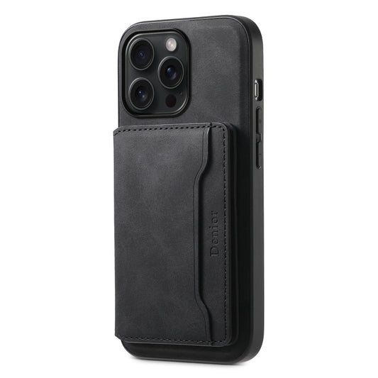 For iPhone 15 Pro Max Denior D13 Retro Texture Leather MagSafe Card Bag Phone Case(Black)