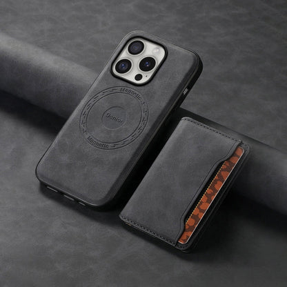 For iPhone 16 Pro Denior D13 Retro Texture Leather MagSafe Card Bag Phone Case(Black)