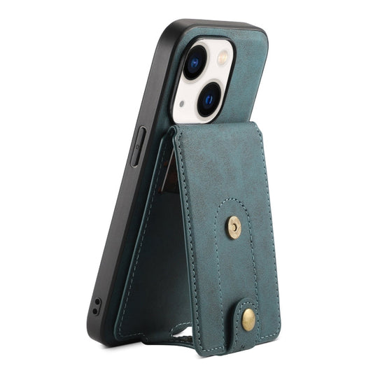 Pour iPhone 14 Plus Denior D14 NK Rétro Motif MagSafe Support de Carte Magnétique Coque en Cuir (Bleu)
