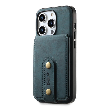 For iPhone 14 Plus Denior D14 NK Retro Pattern MagSafe Magnetic Card Holder Leather Phone Case(Blue)