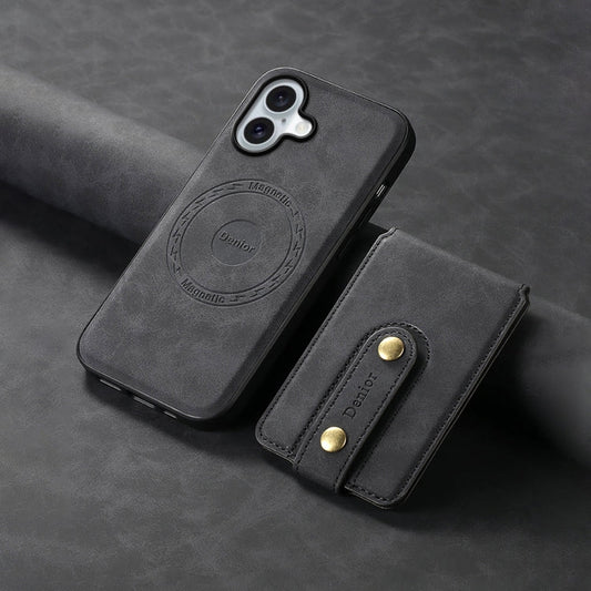 For iPhone 16 Plus Denior D14 NK Retro Pattern MagSafe Magnetic Card Holder Leather Phone Case(Black)