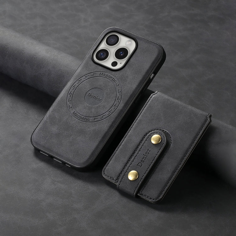 Pour iPhone 16 Pro Max Denior D14 NK Rétro Motif MagSafe Support de Carte Magnétique Étui en Cuir (Noir)