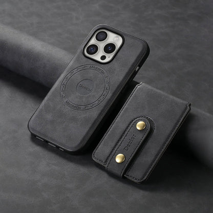 Pour iPhone 16 Pro Max Denior D14 NK Rétro Motif MagSafe Support de Carte Magnétique Étui en Cuir (Noir)