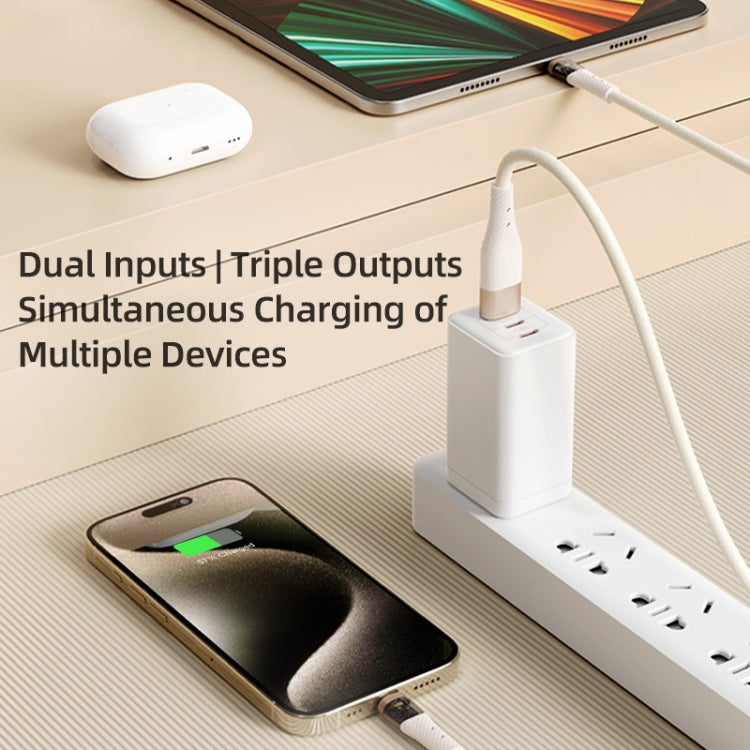 ROCK G20 Two to Three 5A USB+Type-C to 8 Pin+Type-C+Micro USB Fast Charging Data Cable, Length: 1.5m(Beige)