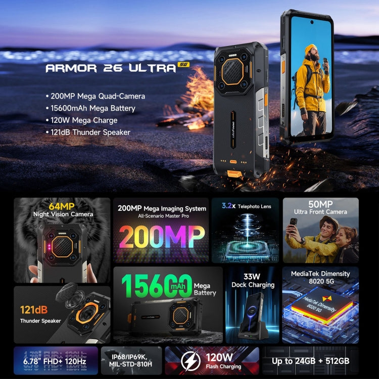 [HK Warehouse] Ulefone Armor 26 Ultra Rugged Phone, 12GB+512GB, 6.78 inch Android 13 MediaTek Dimensity 8020 Octa Core, Network: 5G, NFC(Black)