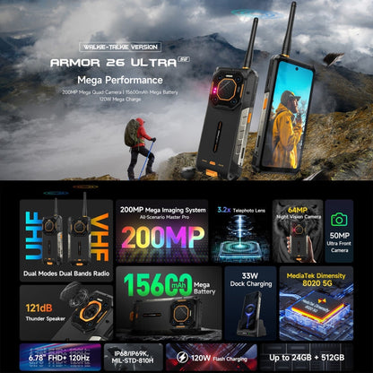 [HK Warehouse] Ulefone Armor 26 Ultra Walkie-Talkie Version Rugged Phone, 12GB+512GB, 6.78 inch Android 13 MediaTek Dimensity 8020 Octa Core, Network: 5G, NFC(Black)
