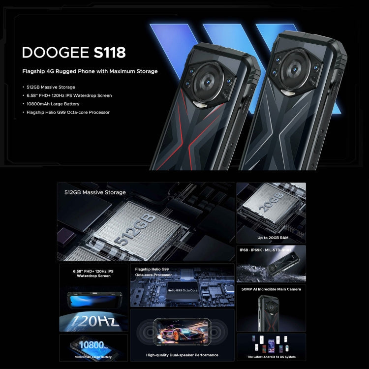 [HK Warehouse] DOOGEE S118 Rugged Phone, 8GB+512GB, 6.58 inch Android 14 MediaTek Helio G99 Octa Core, Network: 4G, OTG, NFC(Black Red)