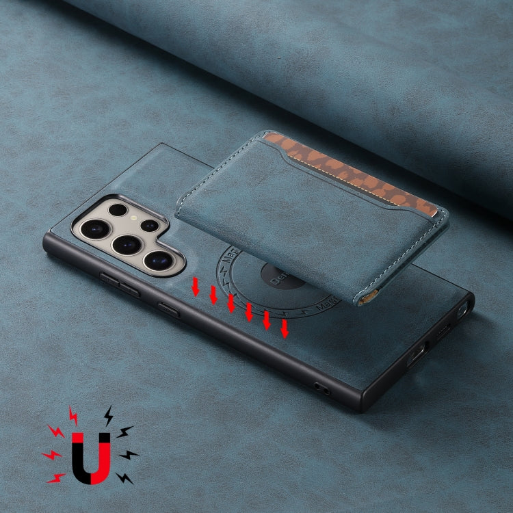 For Samsung Galaxy S23 Ultra 5G Denior D13 Retro Texture Leather MagSafe Card Bag Phone Case(Blue)