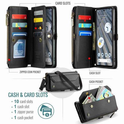 For Google Pixel 7a CaseMe C36 Card Slots Zipper Wallet RFID Anti-theft Leather Phone Case(Black)