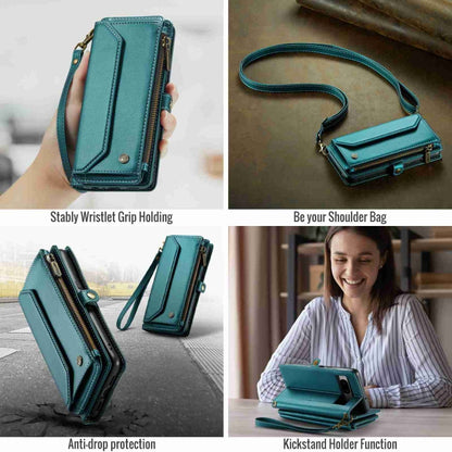 For Google Pixel 7a CaseMe C36 Card Slots Zipper Wallet RFID Anti-theft Leather Phone Case(Blue-green)