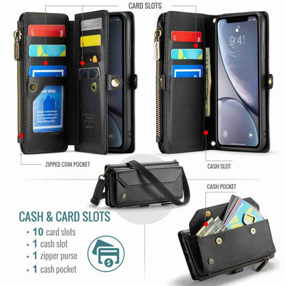 For iPhone XR CaseMe C36 Card Slots Zipper Wallet RFID Anti-theft Leather Phone Case(Black)