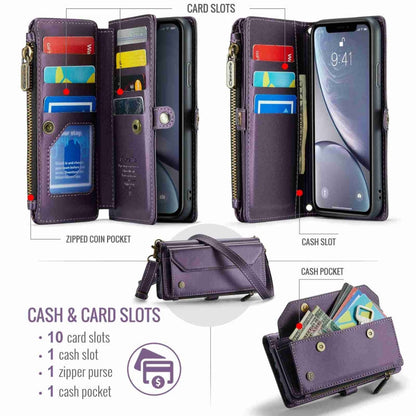 For iPhone XR CaseMe C36 Card Slots Zipper Wallet RFID Anti-theft Leather Phone Case(Purple)