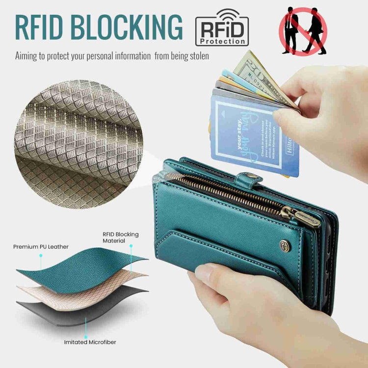 For iPhone XR CaseMe C36 Card Slots Zipper Wallet RFID Anti-theft Leather Phone Case(Blue-green)