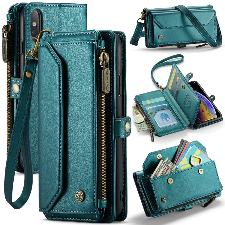 For iPhone XS Max CaseMe C36 Card Slots Zipper Wallet RFID Anti-theft Leather Phone Case(Blue-green)