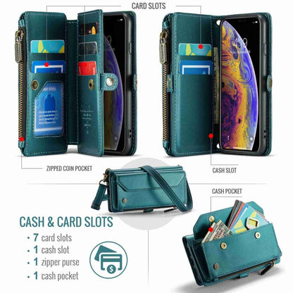 For iPhone XS Max CaseMe C36 Card Slots Zipper Wallet RFID Anti-theft Leather Phone Case(Blue-green)