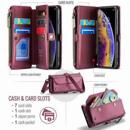 For iPhone XS Max CaseMe C36 Card Slots Zipper Wallet RFID Anti-theft Leather Phone Case(Wine Red)