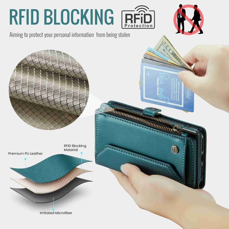 For iPhone 11 CaseMe C36 Card Slots Zipper Wallet RFID Anti-theft Leather Phone Case(Blue-green)