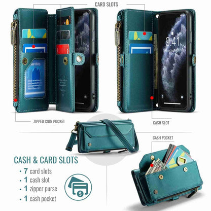 For iPhone 11 Pro CaseMe C36 Card Slots Zipper Wallet RFID Anti-theft Leather Phone Case(Blue-green)