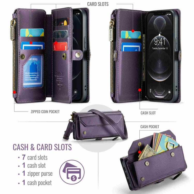 For iPhone 12 Pro CaseMe C36 Card Slots Zipper Wallet RFID Anti-theft Leather Phone Case(Purple)