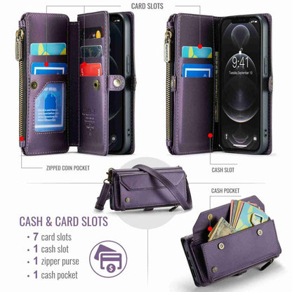 For iPhone 12 Pro CaseMe C36 Card Slots Zipper Wallet RFID Anti-theft Leather Phone Case(Purple)