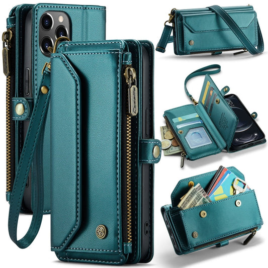Pour iPhone 12 Pro Étui Housse Portefeuille Zippé Anti-vol RFID en Cuir CaseMe C36 avec Fentes pour Cartes (Bleu-vert)