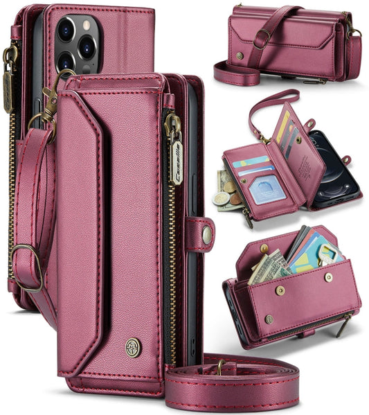 Pour iPhone 12 Pro Étui CaseMe C36 avec emplacements pour cartes Portefeuille zippé Antivol RFID en cuir (Rouge vin)