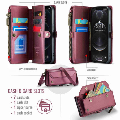 For iPhone 12 Pro CaseMe C36 Card Slots Zipper Wallet RFID Anti-theft Leather Phone Case(Wine Red)